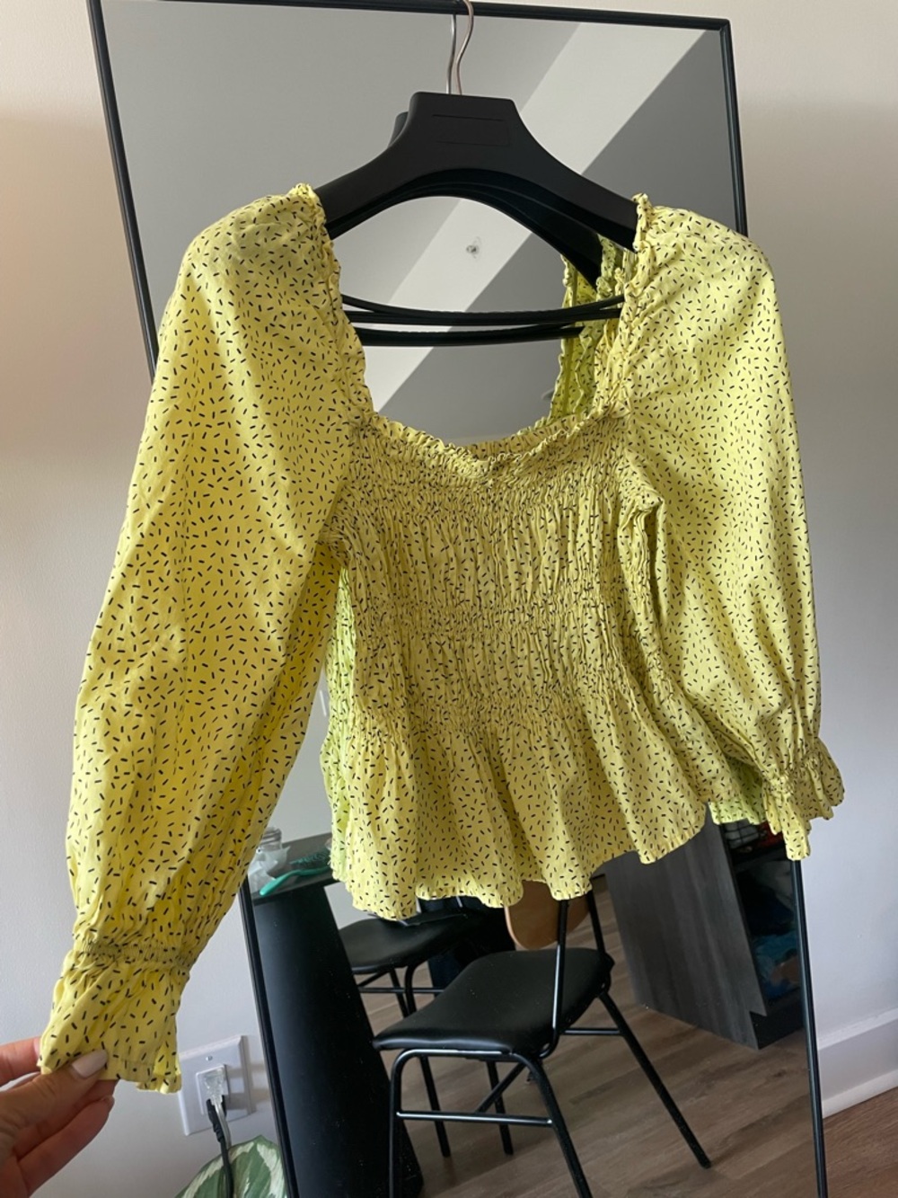 Who What Wear Yellow Smocked Square-Neck Ditsy Print Top
